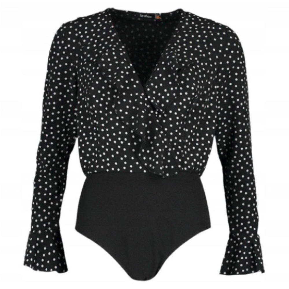Boohoo Women’s Black Bodysuit with Gray Polka Dots size:4